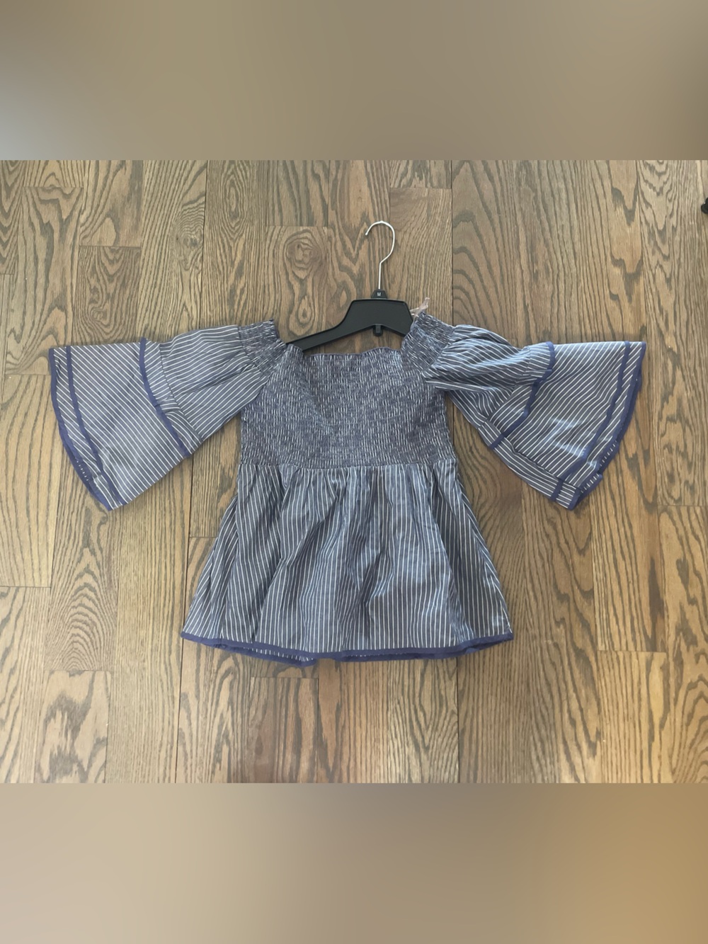 American Eagle Outfitters Blue Striped Off-Shoulder Peasant Top